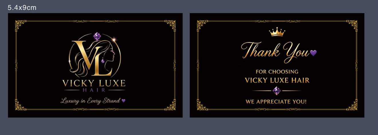 Official Vicky Luxe Hair black and gold brand card and thank-you insert with purple gem details